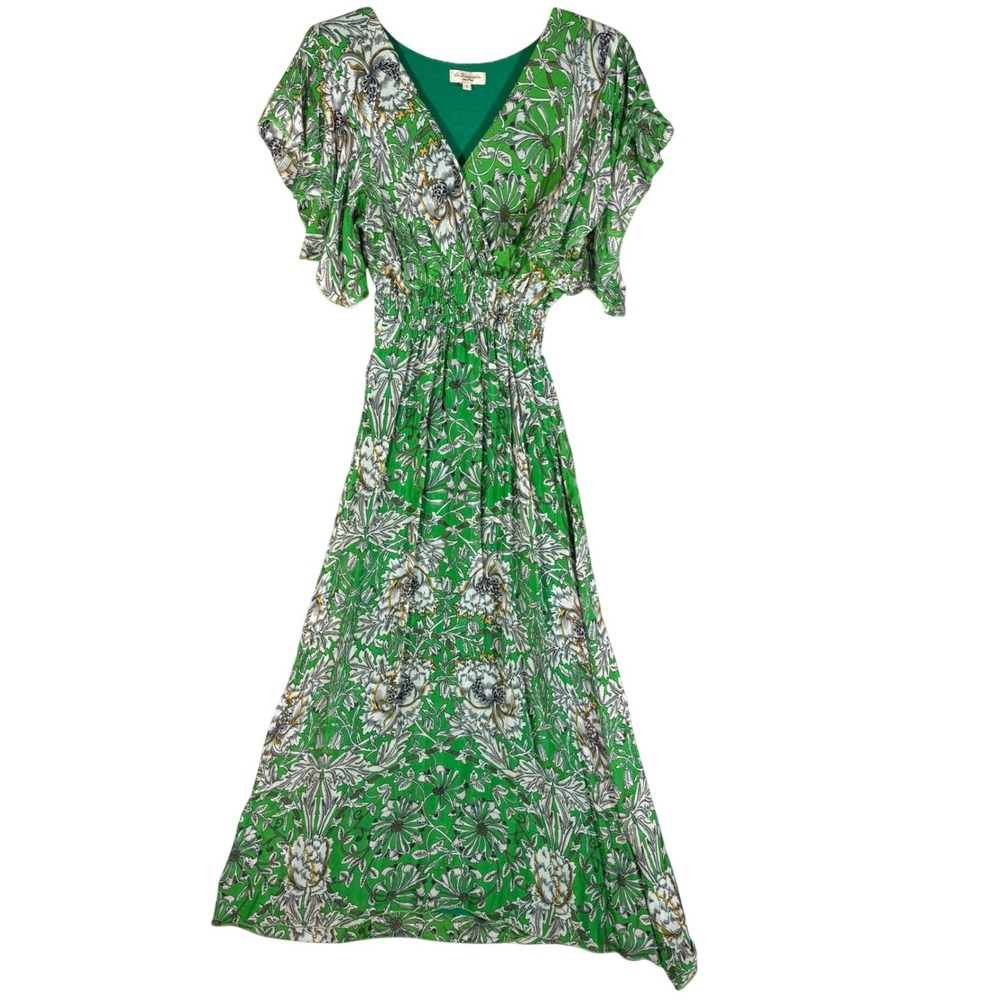 Le Ragazze Italy Green Floral Silk Blend Smocked Maxi Dress Flutter Sleeve S